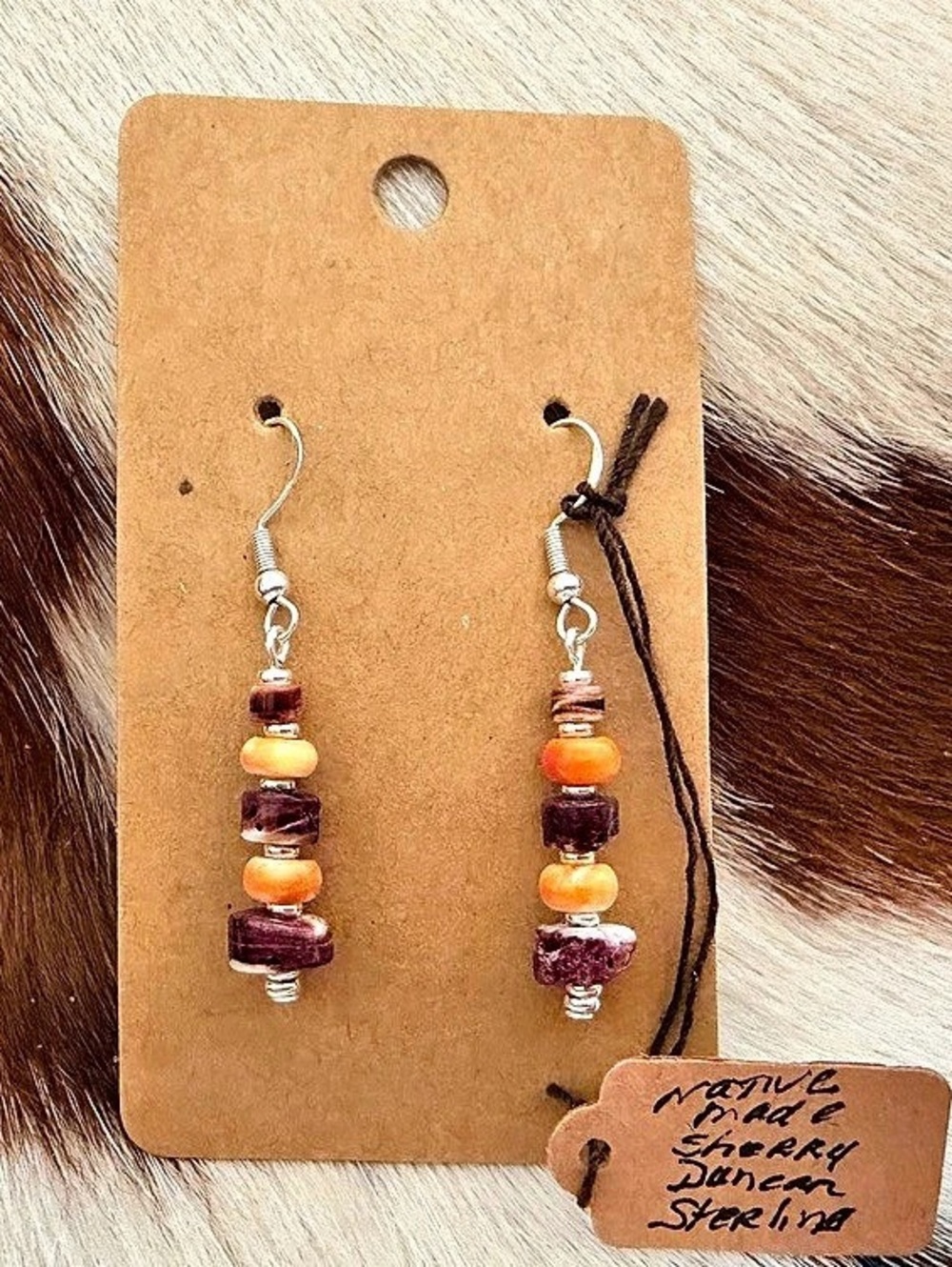 ❤️ Native American Sherry Duncan Sterling Orange & Purple Spiny Oyster Earrings - Picture 3 of 8